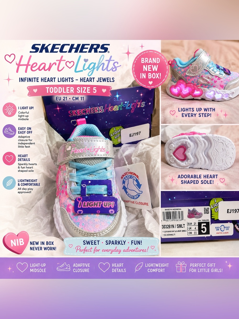 NIB Skechers Heart Lights Heart Jewels Light Up Shoes Toddler Girls Size 5